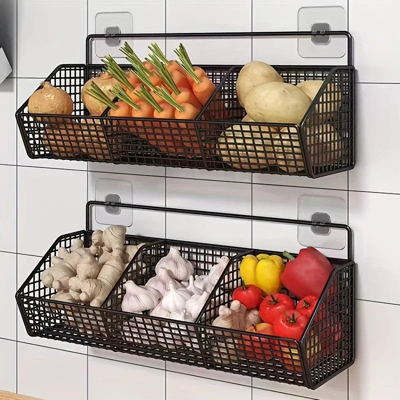 Wall Mounted Multi-Compartment Vegetables Organizer keeps onions, garlic, and ginger separated in waterproof, rust-proof mesh rack; install fast, shop now.