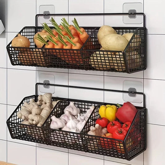 Wall Mounted Multi-Compartment Vegetables Organizer keeps onions, garlic, and ginger separated in waterproof, rust-proof mesh rack; install fast, shop now.