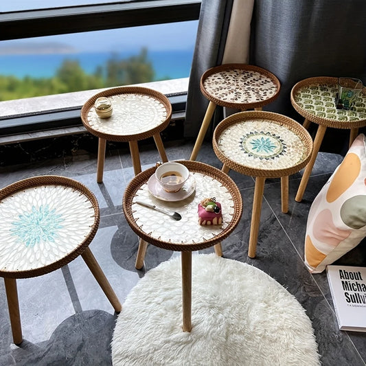 Rattan Woven Seashell Tray With Removable Legs Bedside Table! Delivers boho charm, reversible serving tray, and beachy decor; upgrade your space!—Shop now.