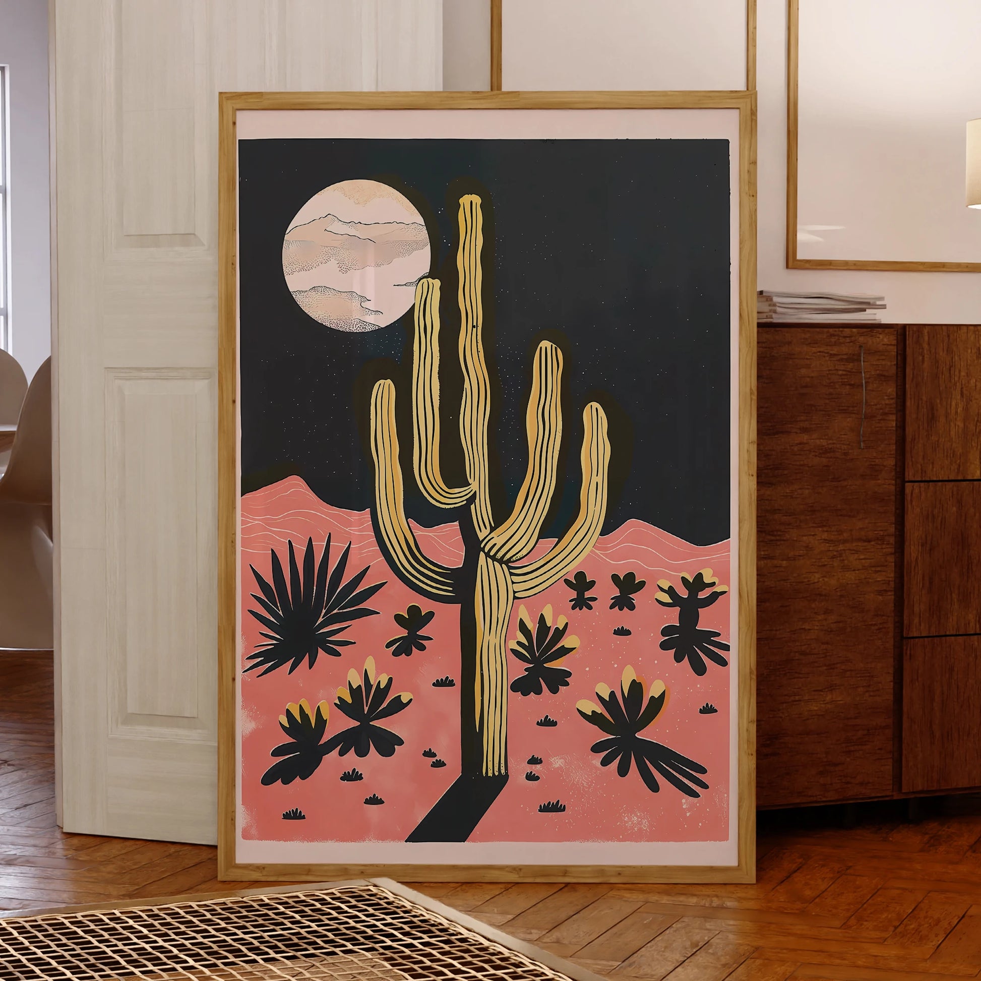 Transform your space with our Modern Desert Night Moon Giant Cactus Wall Art, featuring eco-friendly canvas and an elegant aluminum frame.