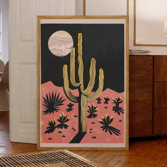 Transform your space with our Modern Desert Night Moon Giant Cactus Wall Art, featuring eco-friendly canvas and an elegant aluminum frame.