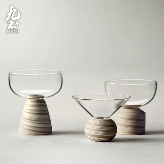 Handcrafted Glass Clear Teacup With Wooden Base