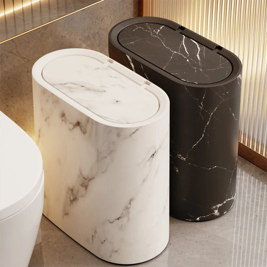 Marble Patterned Bathroom Trash Can delivers a stylish, odor-free waste solution with durable plastic and a compact 29x29.5x16cm size—shop today.