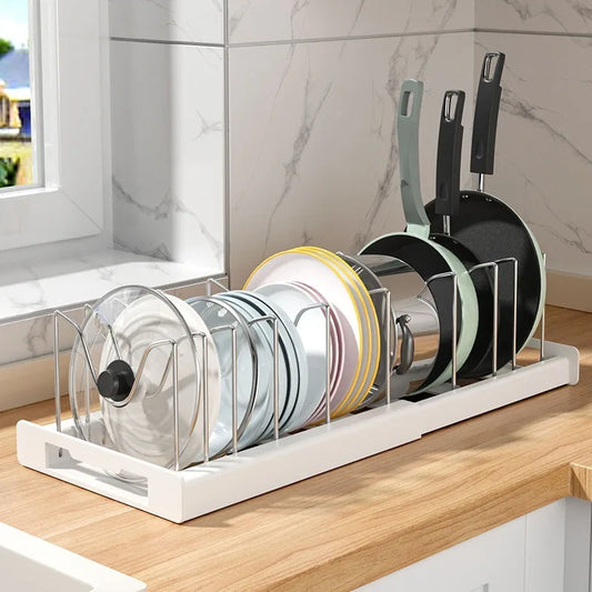 Expandable Cabinet Pot Organizer with expandable, adjustable dividers makes it easy to organize pots, pans, and lids for busy—shop now!!