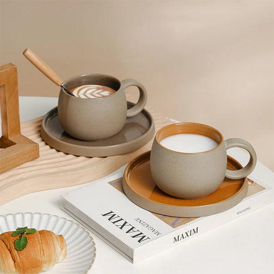 Enjoy your favorite beverages with our Pottery Mug For Latte Cappuccino Milk Juice Cocoa Cups With Dish 300ml, perfect for home, travel, and more.