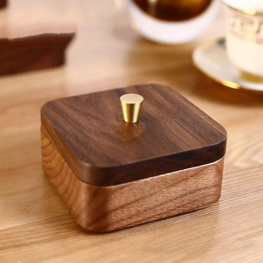 Organize your bathroom essentials stylishly with our wooden storage box featuring a bamboo lid, perfect for cotton pads and swabs.