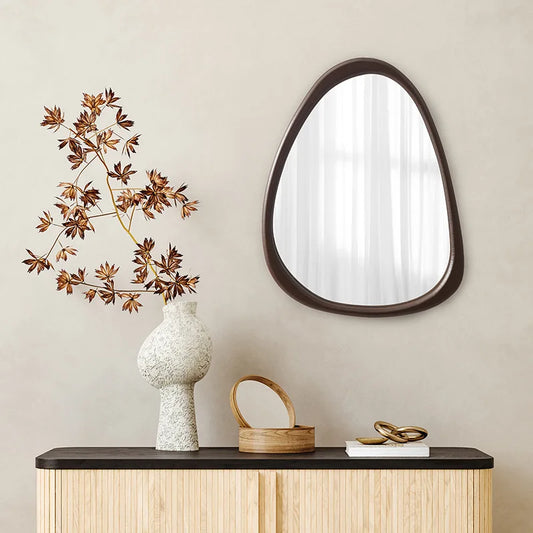 Enhance your space with our Asymmetrical Wood Wall Mirror, featuring a stylish design, high-definition reflection, and versatile hanging options.