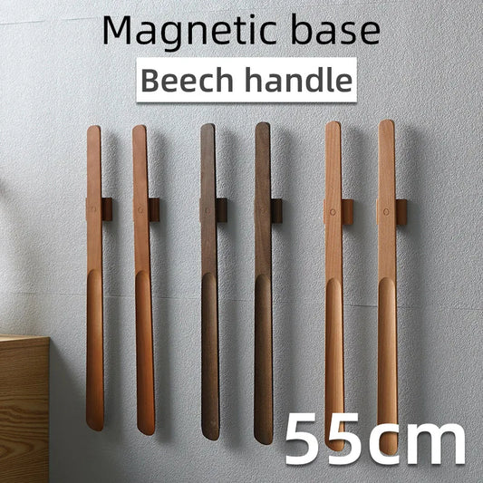 Effortlessly wear your shoes with our 55CM Magnetic Shoe Horn featuring a stylish beech wood handle in vintage, natural, and nut-brown colors.