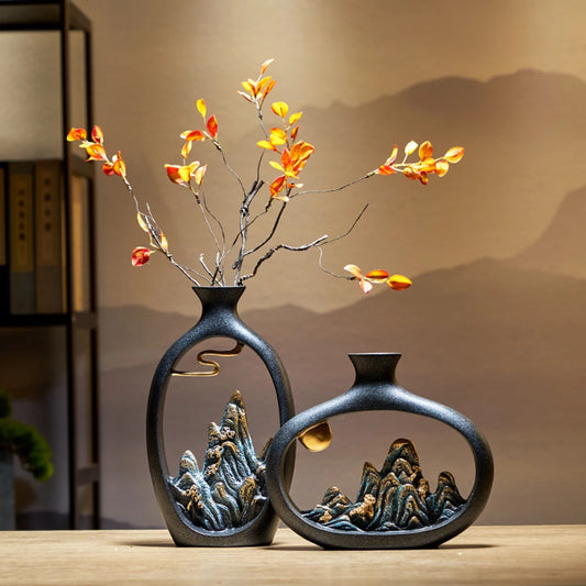 Elevate your space with our Luxury New Chinese Style Mountain Scenery Resin Vase Table Decoration, a perfect blend of artistry and elegance.