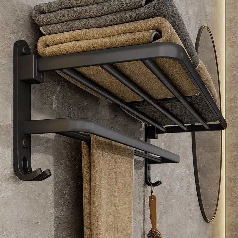 Matte Black Folding Towel Rack with Wall Mounted Double Bars delivers space-saving drying, durable aluminum construction, and easy, extra storage, Shop now. delivers space-saving drying, durable aluminum construction, and easy, extra storage, Shop now.