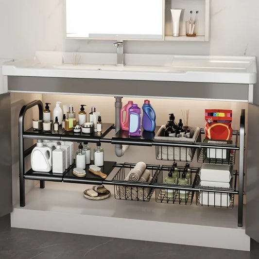 Under Sink Expandable Organizer offers an expandable, space-saving cabinet organizer for kitchen and bathroom, keeping essentials neatly—shop now!