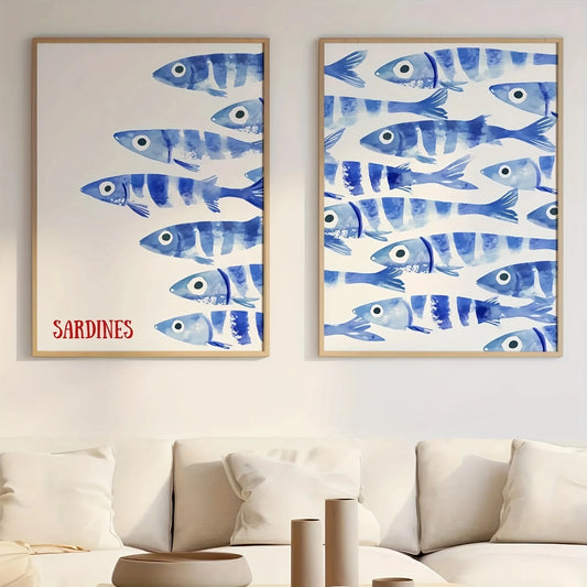 Retro blue sardine canvas poster — Mediterranean-style wall art print for modern living rooms; ideal gift for coastal home decor.