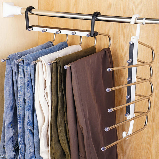 Pants Hanger Space Saver Wardrobe Organizer NonSlipPro:5-tier space-saving hanger for closets with non-slip grips, ideal for jeans, trousers, scarves—buy now.