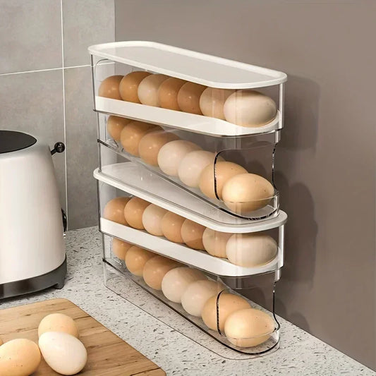 Organize your kitchen with the Automatic Egg Storage Rack, featuring a 2-tier design that holds up to 14 eggs and dispenses them effortlessly.