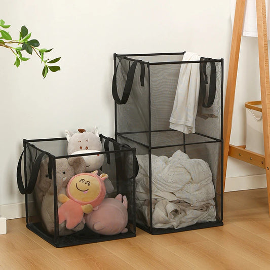 Ultracompact Collapsible Laundry Storage Basket keeps dirty clothes organized with space-saving folding design—perfect for bathrooms; buy now to declutter.