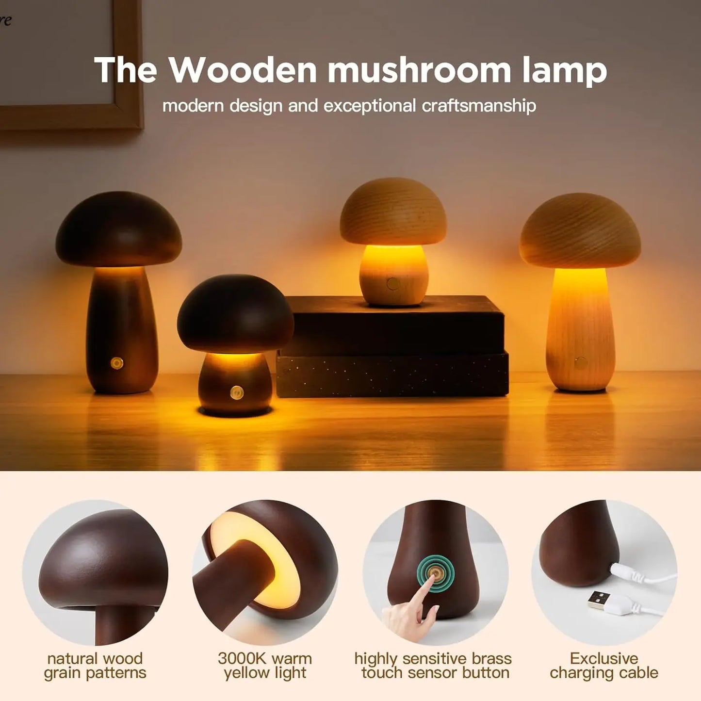 Dimmable Wooden Mushroom Night Light Rechargeable