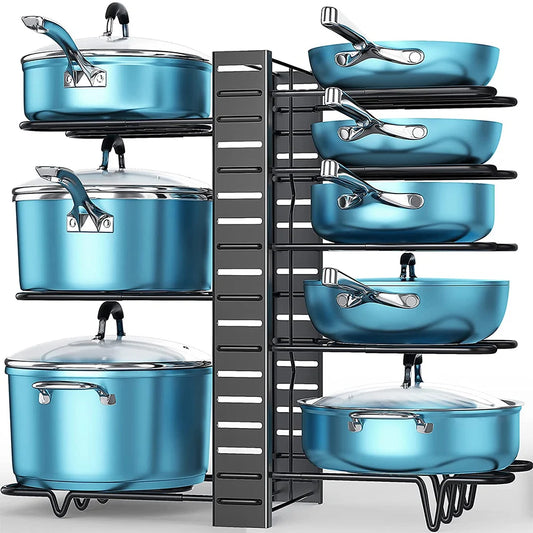 Pan Pot Organizer delivers an 8-tier, adjustable tool-free rack that fits all pots and lids with stable, scratch-free support, organize your kitchen today!